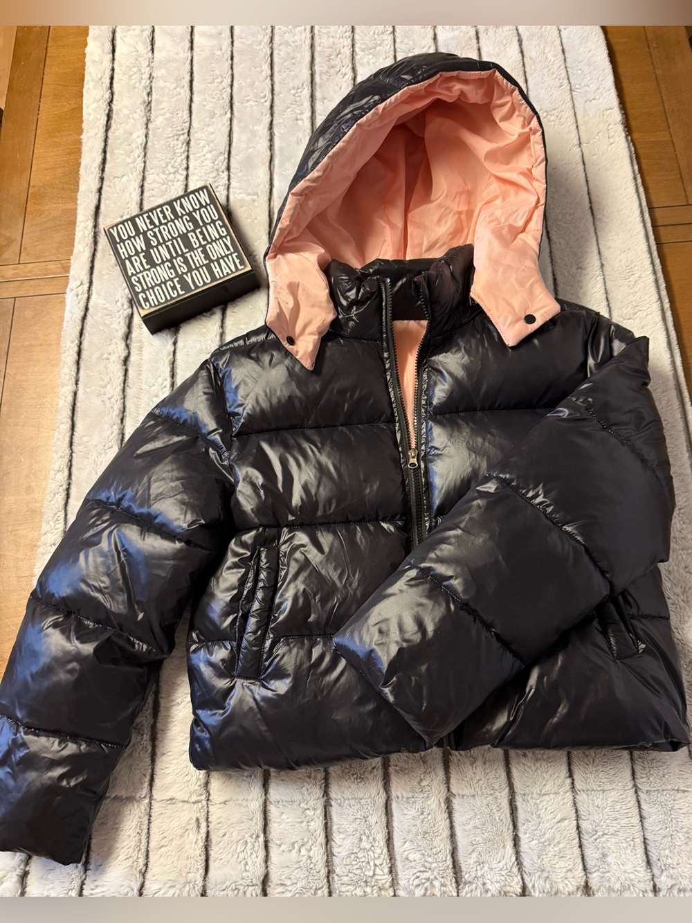 SHEIN Black Puffer Jacket with Pink Hood Lining - Kids